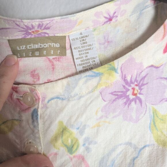 Liz Claiborne Linen Blend Cream Pink Purple Floral Short Sleeve Dress 4 - Picture 5 of 8